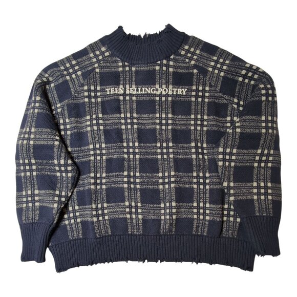 Navy Plaid Graphic Sweater NWT Mens XL Teen Selling Poetry 100% Cotton Unvesno - Picture 2 of 14